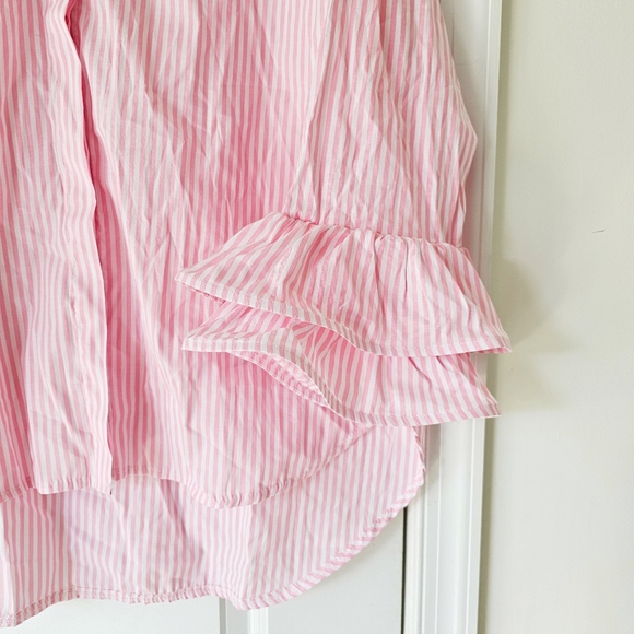 Italian 100% Cotton By Coco Pink White Striped Ruffle Button Up Shirt Size L/XXL - Picture 10 of 15